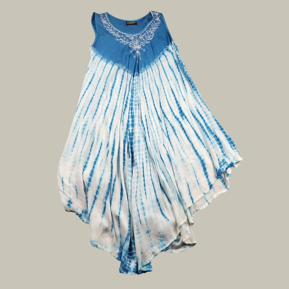 Rima Beachworld Blue Tie Dye Embroidered Sequin Handkerchief Hem Dress OSFM